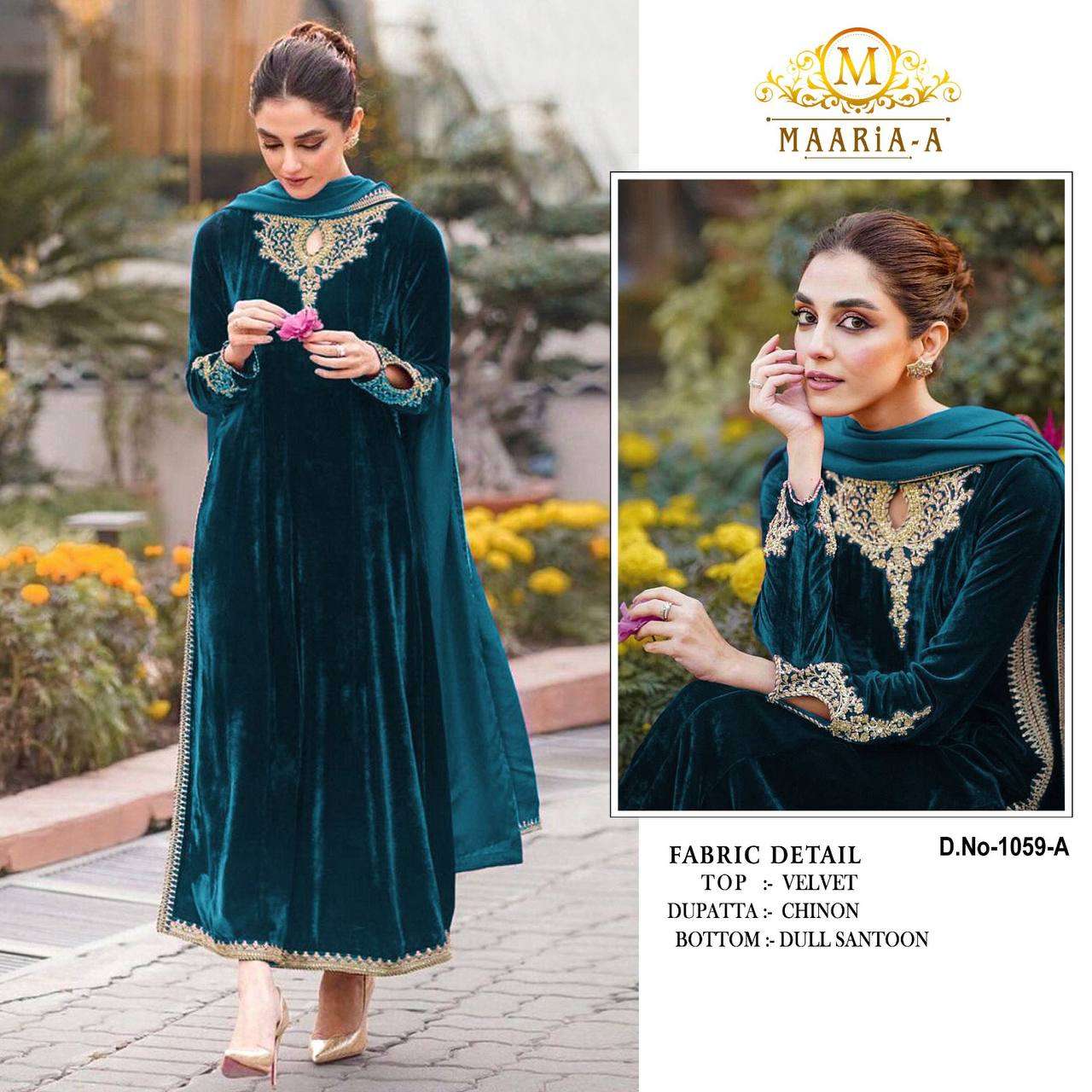 maaria a 1059 velvet pakistani suit collection work fancy dori codding with sequence  embroidery stich n stone work pakistani suit 