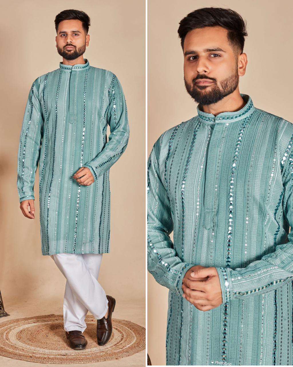 manyavar luxe heavy kurta pyjama set for every kind of occasion fabric heavy georgette fabric with inner stitched heavy embroidery thread work front and back both both side pocket mens wear kuta pyjama  