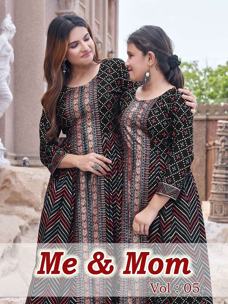mother and daughter combo same gown me n mom v 5 fabric heavy 14kg rayon work gold foil print stylish mother daughter combo gown collection 
