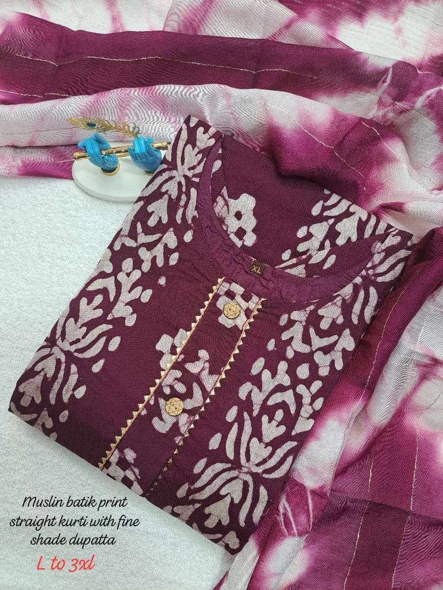 muslin batik print straight kurtie with fine shade duppta pattern muslin kurti dupatta set Giving elegance rich look Kurti length 42 Lining attached kurtie with duptta set 