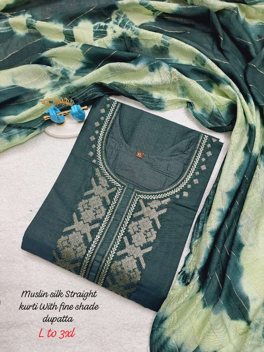 muslin silk straight kurtie with fine shade duppta stylish heavy embroidery on neck pure muslin readymade straight kurtie with duppta 
