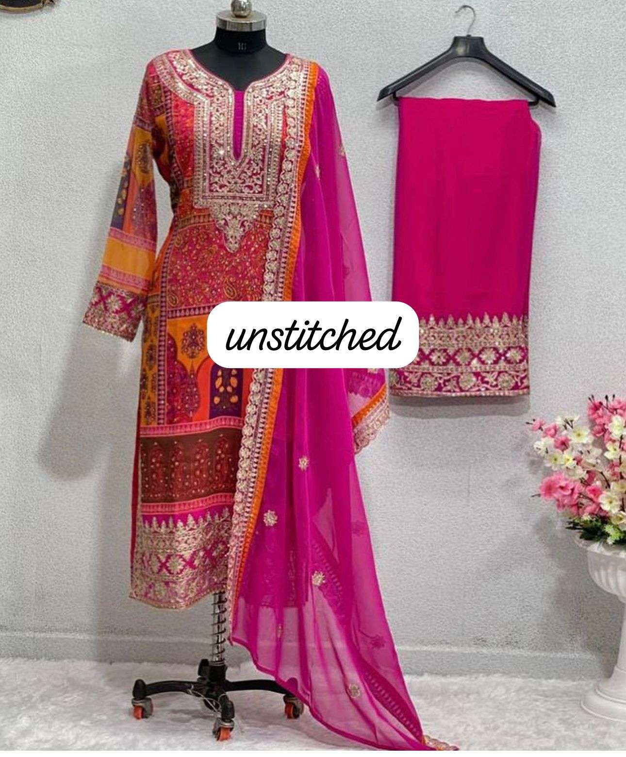 pakistani unstiched suit material semi stiched new collection georgette heavy suit complete georgette fabric santoon inner and bottoms with various patches in stock