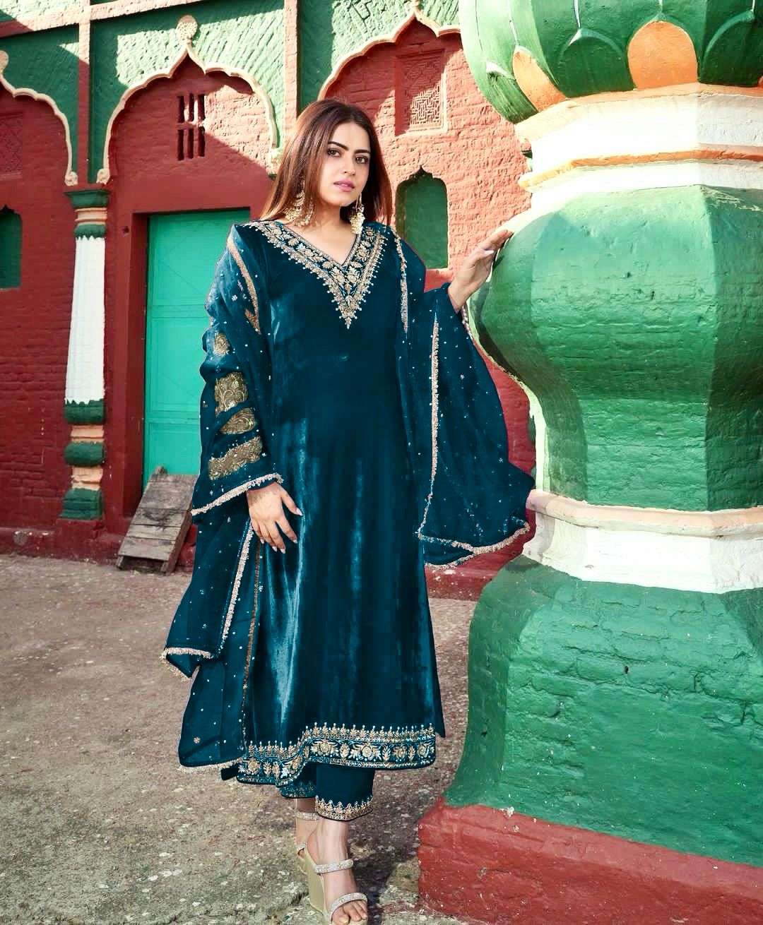 presenting new stunning look collation ad 055 new colours fabric details top fabric heavy pure viscose velvet with embroidery 5 mm sequence work with fancy bell sleeve n fancy moti latkan 