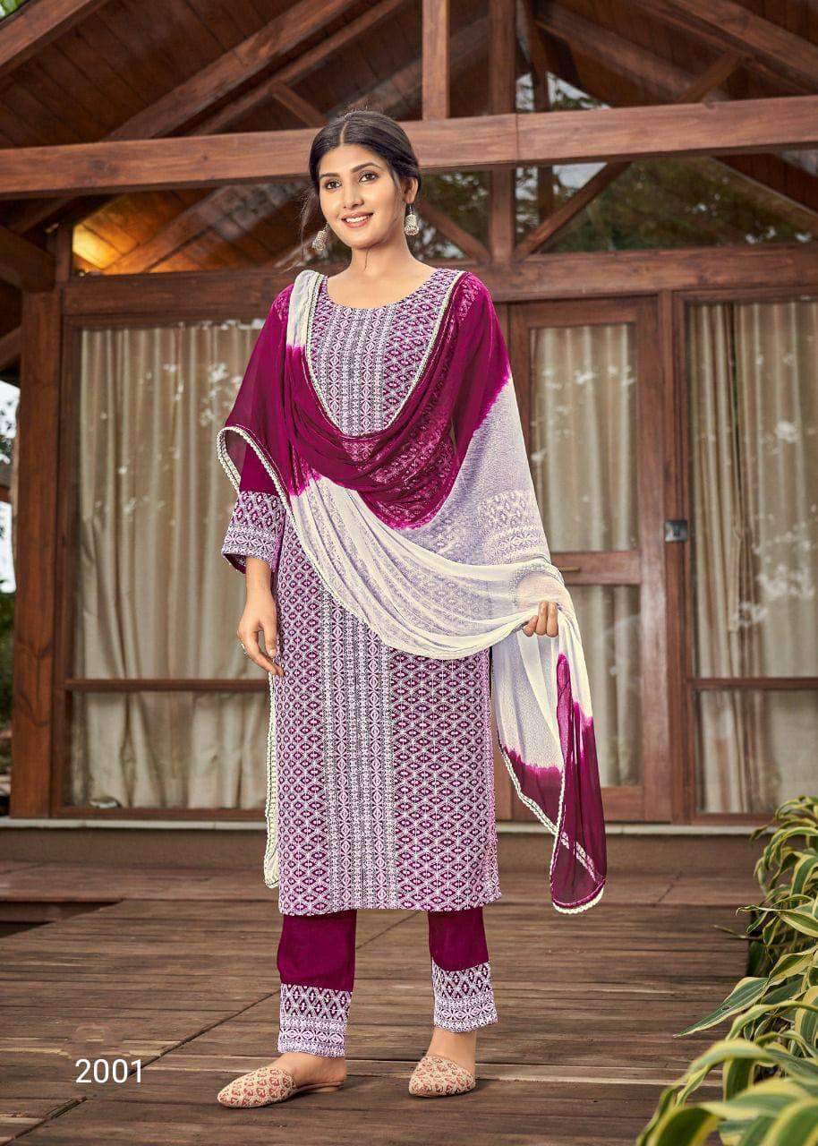 schiffli 2 design number 2001 to 2006 fabric top heavy rayon 14kg with sequence n schiffli work pant heavy rayon 14kg with schiffli border dupatta nazmin chiffon readymade suit  