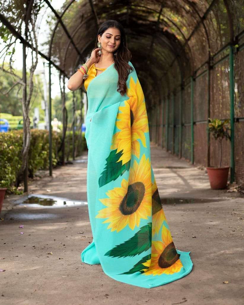 suryamukhi strip fabric pleated crush digital print georgette with designer saree look georgette crush stylish saree collection big sunflower print saree 