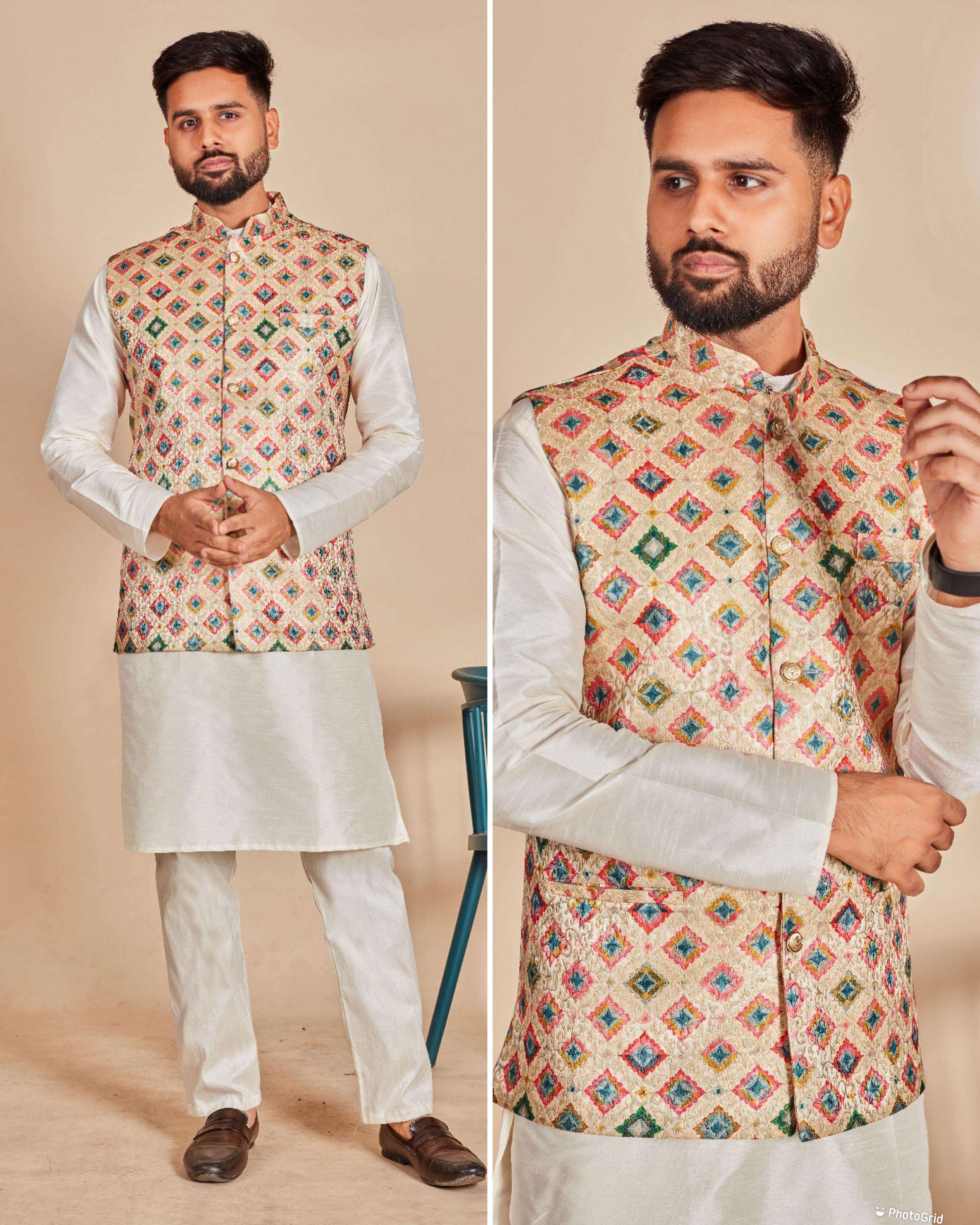 swagat vol 1 ready to wear kurta koti pyjama set fabric kurta and pyjama soft silk heavy quality koti banarasi jequard printed mens wear kurta pyjama  