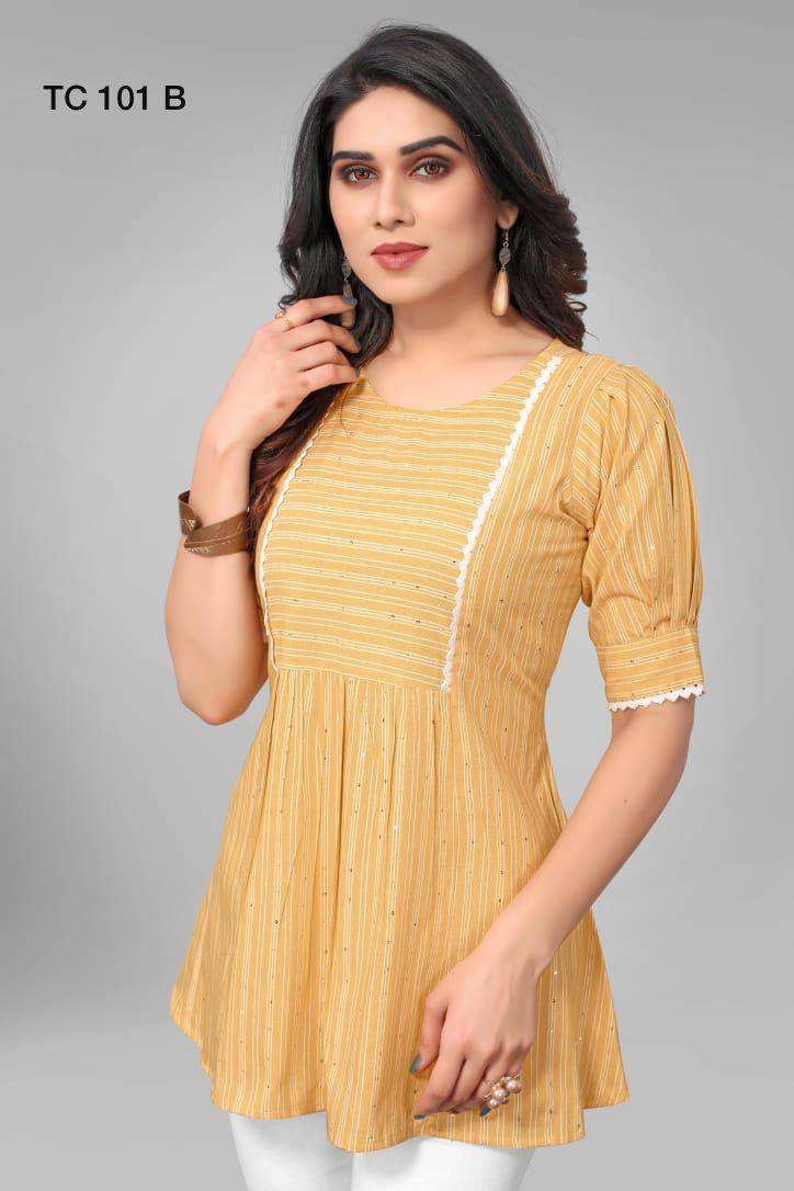 tc 101 new western tunics  heavy cotton with strip line n sequence touch up puff sleeves with lace touch up stylish indian touch western tops  