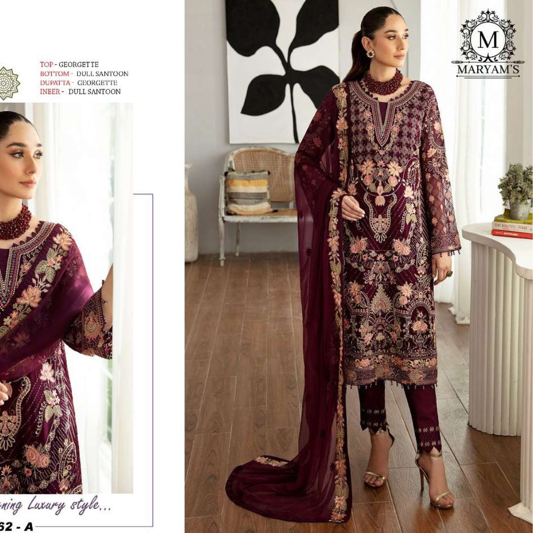 today we are launching exclusively pakistani festive n party wear collection maryams 162 top heavy fox georgette with embroidery sequence work bottom heavy dull santoon with patch work 
