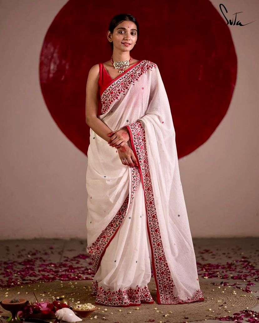 1008 exclusive arrival kotachecks pure soft kota checks with multy color thread work and piping  blouse bangalori silk unstiched white and red combo saree 