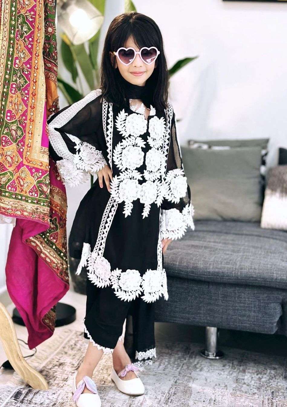 3 year to 15 year girls kids wear collection presernting new designer embroidery work top with bottom full sttiched ready to wear black with white embroidery kids wear collection 