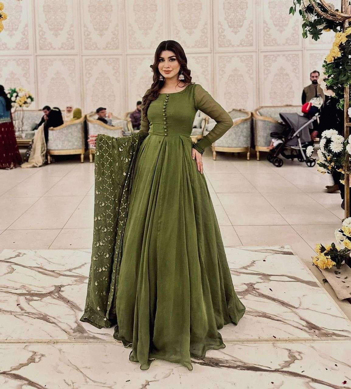 747 moss green anarkali introducing our latest creation a stunning green georgette suit with a beautifully embroidered dupatta readymade suit  