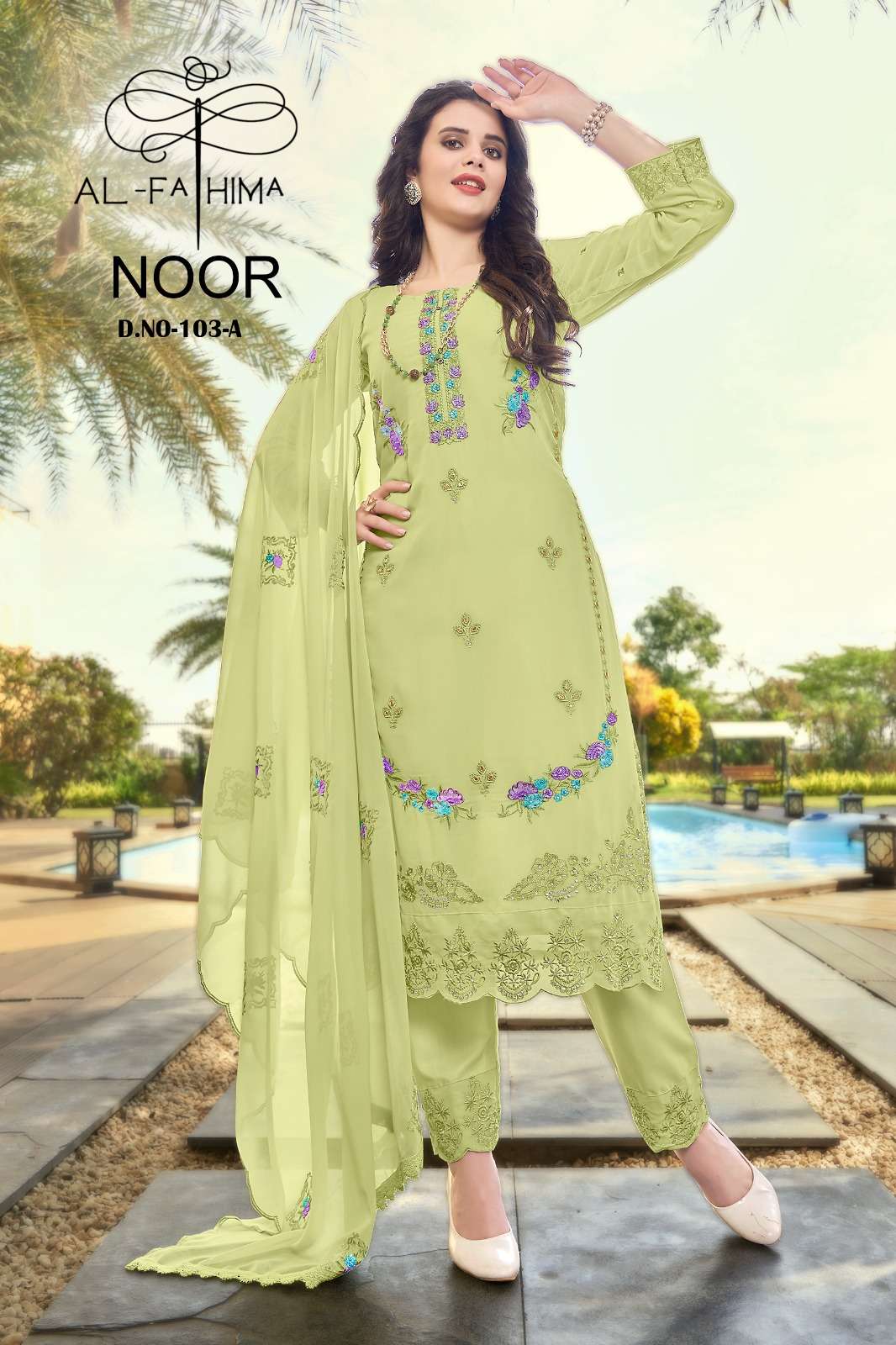 al fathima presents catalogue noor  design no 103 semi stitch pakistani suit  faux georgette inner heavy dull santoon bottom heavy dull santoon dupatta faux georgette with embroidery with moti work 