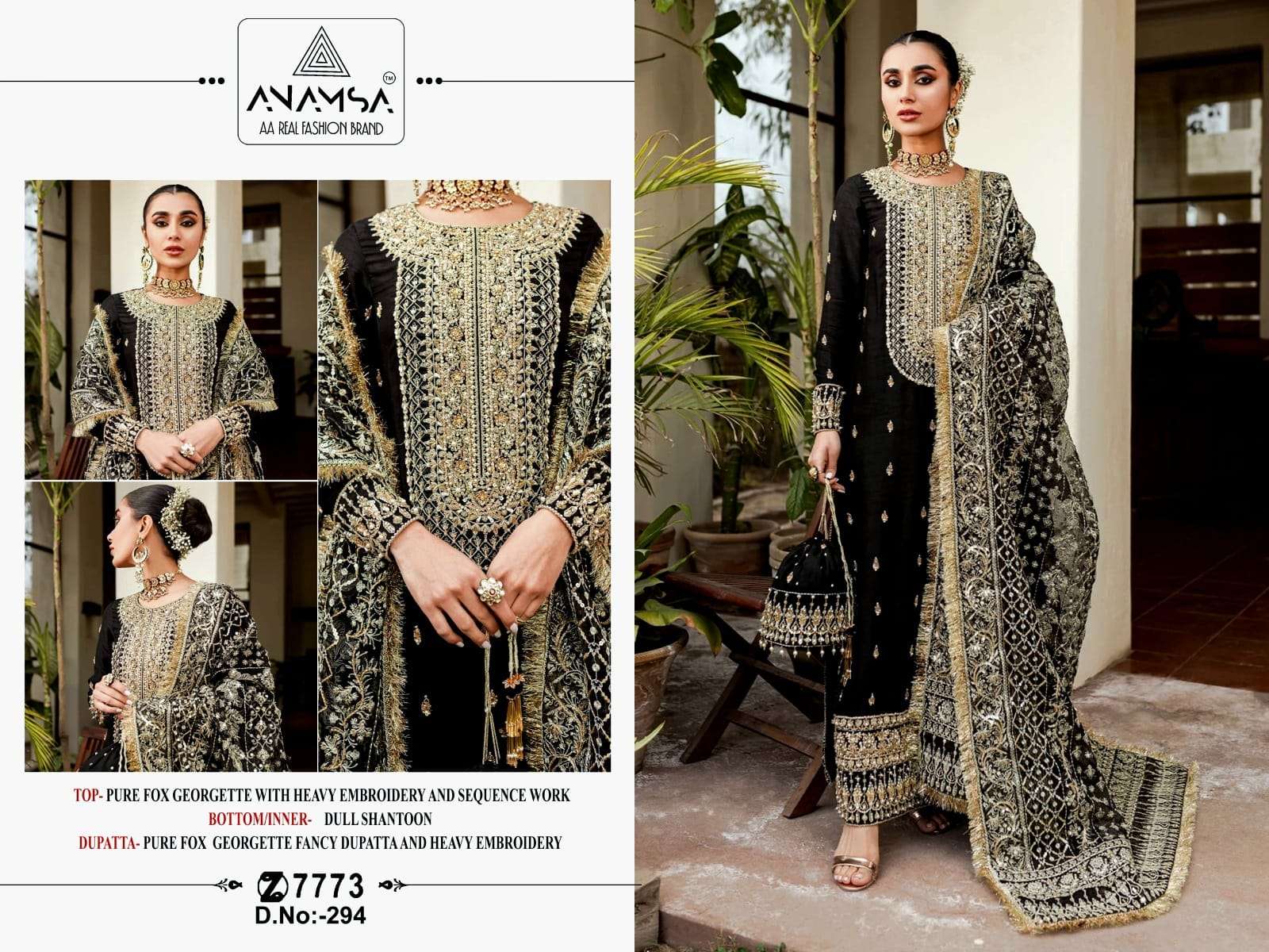 anamsa 7773 new launching semi stitched anamsa 294 heavy pure georgette with heavy embroidered very beautiful design and sequence work high quality material black pakistani suit 