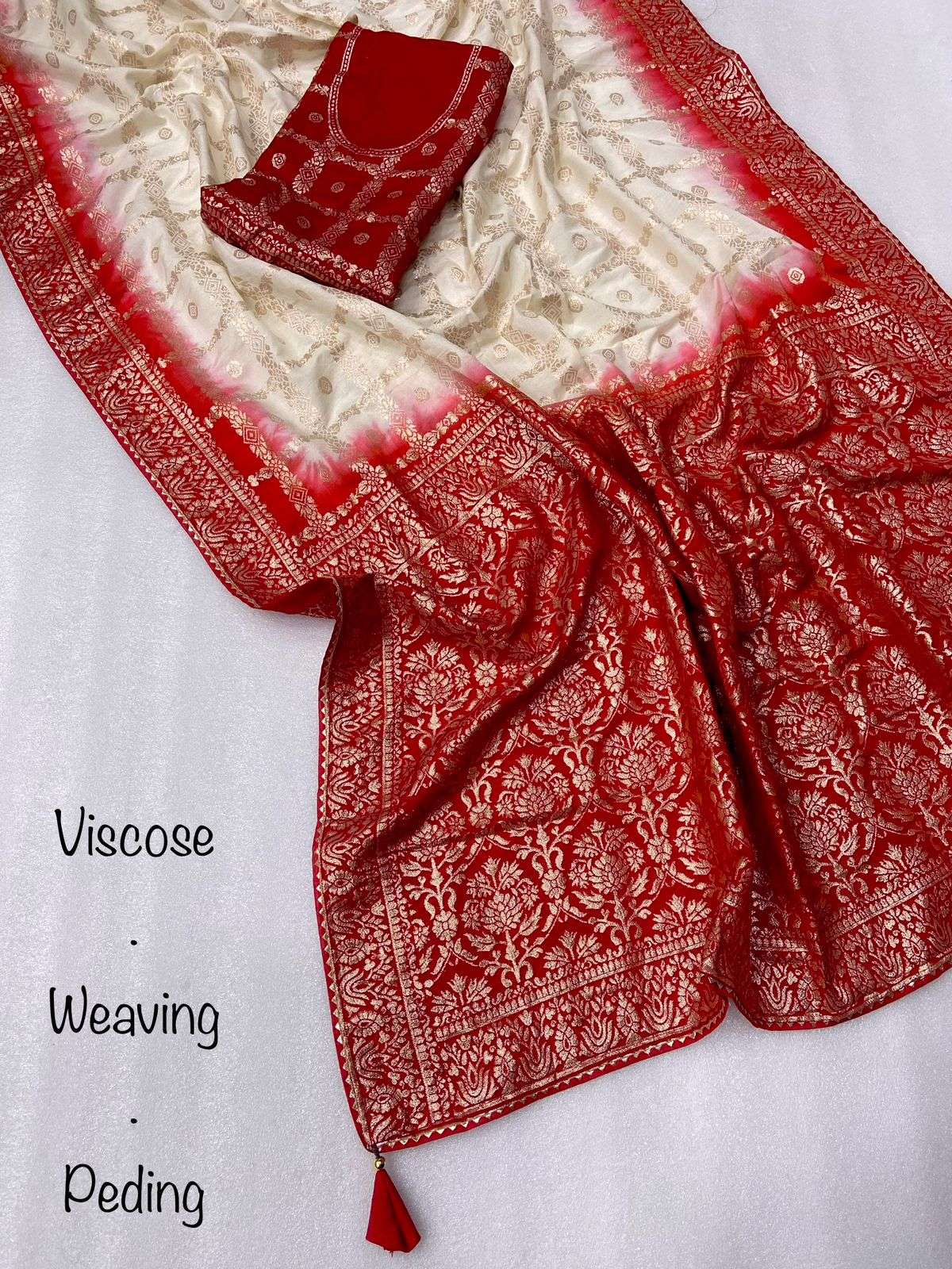 beautiful viscose weaving saree with peding design concept with rich look latakn nd border running blouse saree designer white n red colour saree combo  