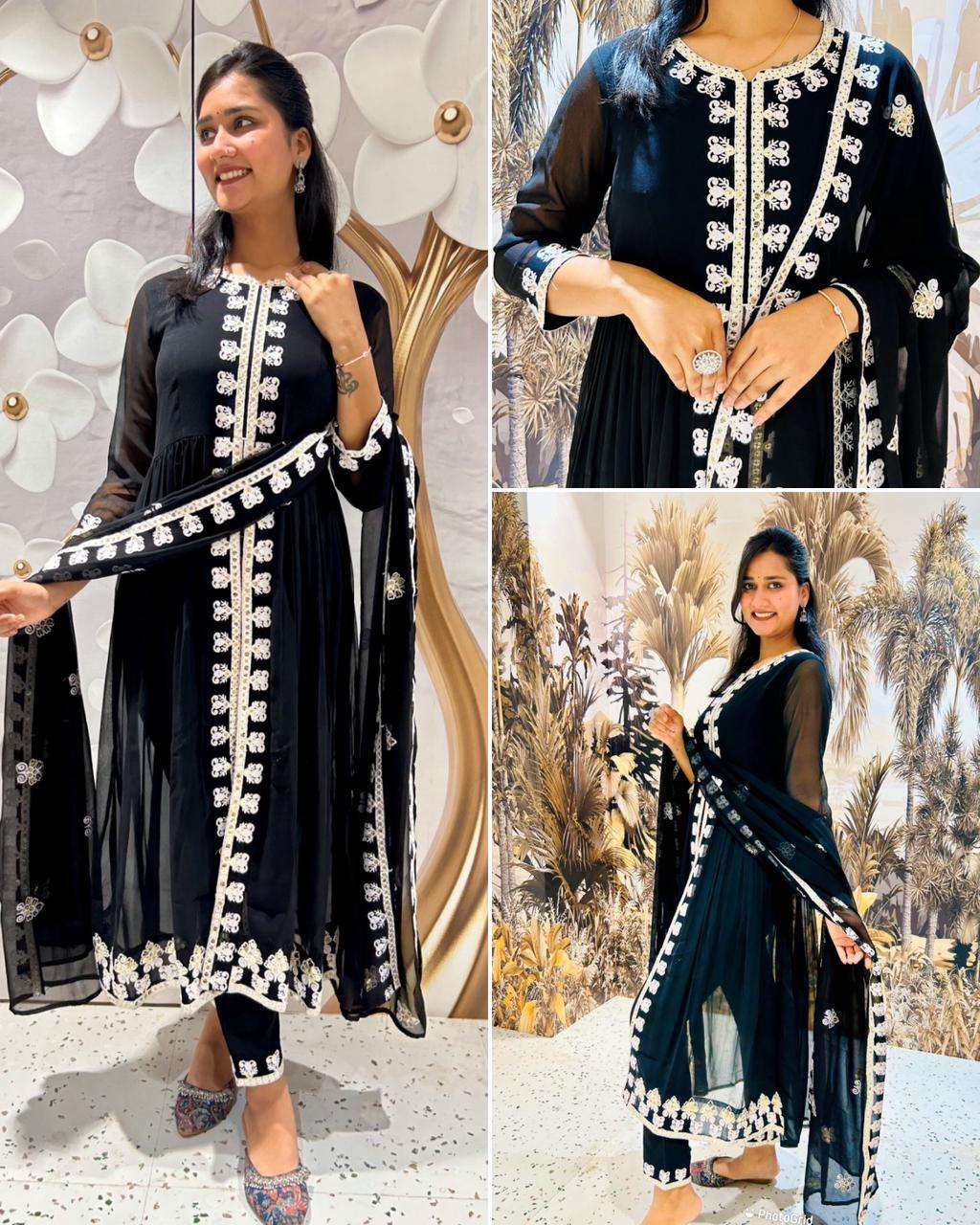 black n white suit ayesha 2 fabric top fabric heavy faux georgette with heavy embroidery work. palazzo fabric heavy faux georgette with heavy embroidery work 