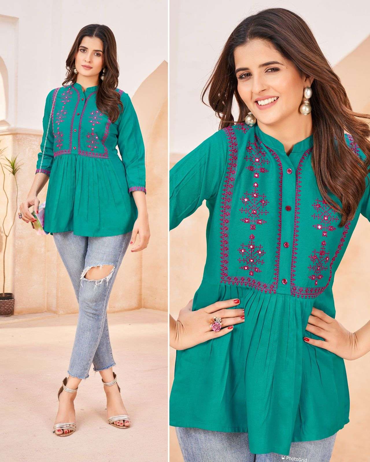 bubbly embroidery work short tops for office and regular wear fabric heavy rayon with embroidery work m to xxl size stylish western tunics western tops 2024