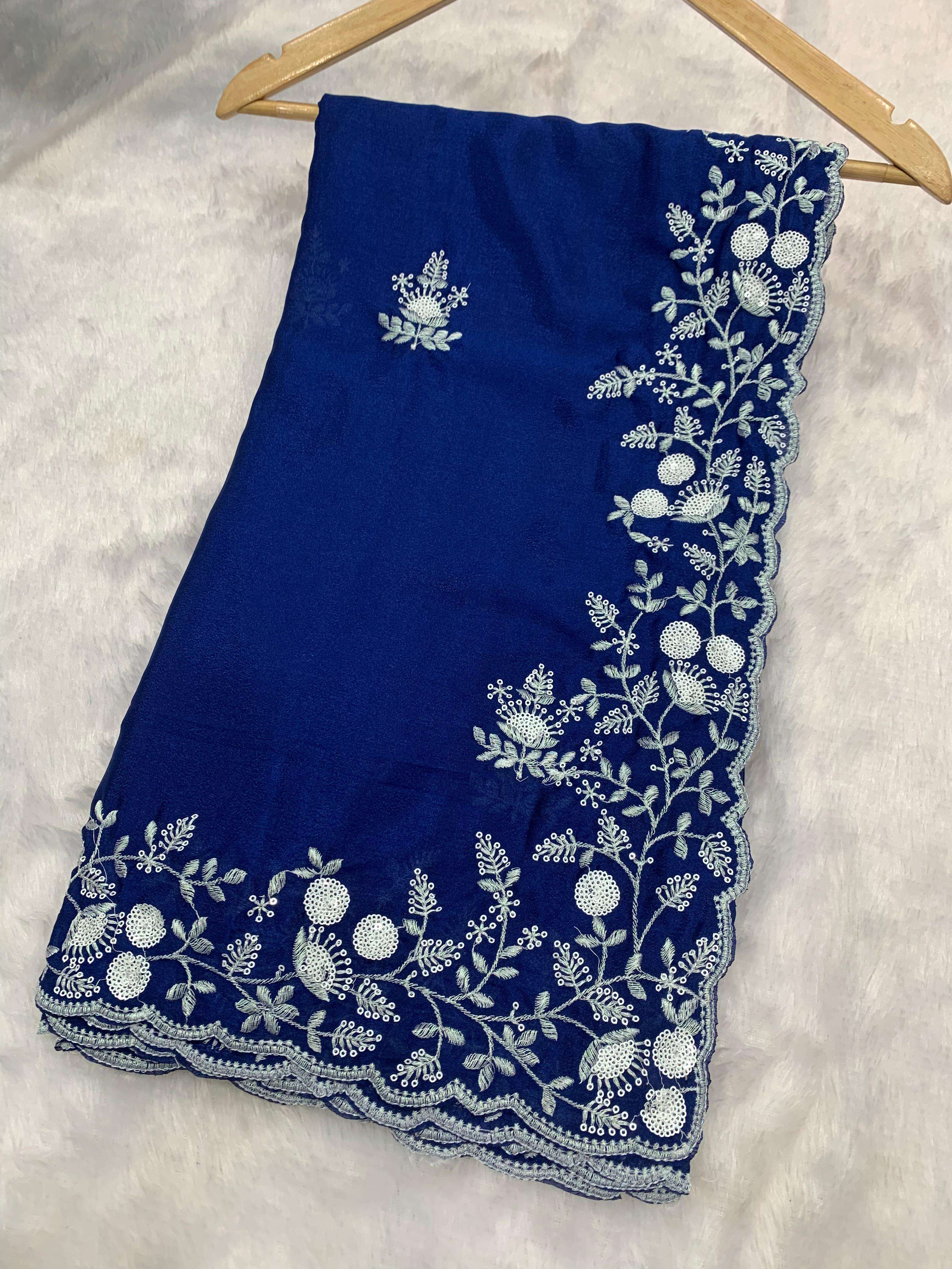 chinnon saree fabric details chinnon silk sarees with sequence buttis on over the sarees sequence cut work border on either side contrast viscose georgette with sequins work saree