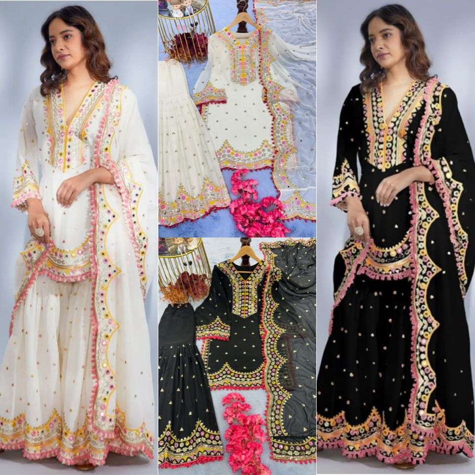 design number pd 1018 sara ali khan designer party wear look top plazzo n dupatta set heavy faux georgette with heavy embroidery 5 mm sequence work with real mirror hand work with fancy bell sleeves