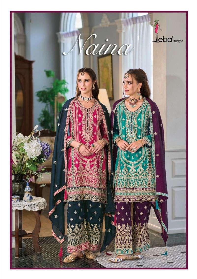 eba lifestyle catalogue naina series 1675 to 1676 readymade partywear suits top premium silk with emboidery work duppta premium silk embroidery work pant premium with embroidery work front n back  