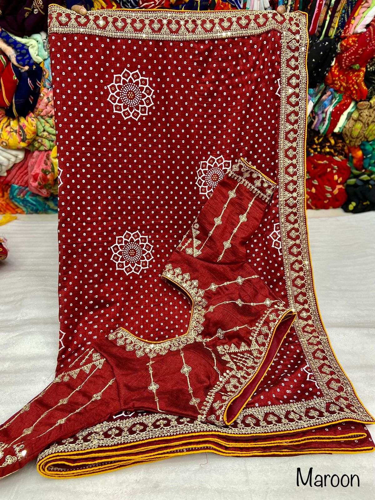 heavy designer saree in stiched blouse concept fabricn work heavy blooming vichitra silk with print nd multi coding  5mm sequence embroidery work on lace with beautiful look blouse fully readymade 