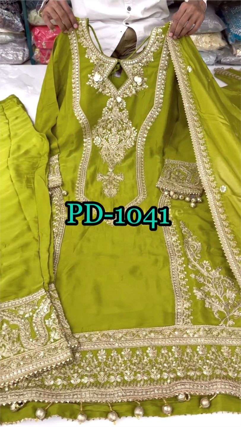 launching new designer party wear look pur chinon silk top plazzo n dupatta set design number pd 1041 top fabric heavy chinon silk  with embroidery 3 mm sequence designer partywear suit in mehendi colour 