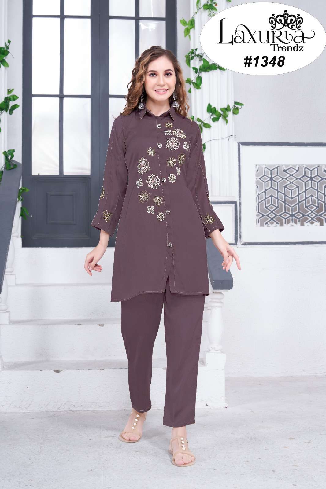 laxuria trendz design number 1348 cord set  designer tunic with gorgeous handwork in sleeve also handwork with pattern n glamours paired with pants readymade handwork cord set 