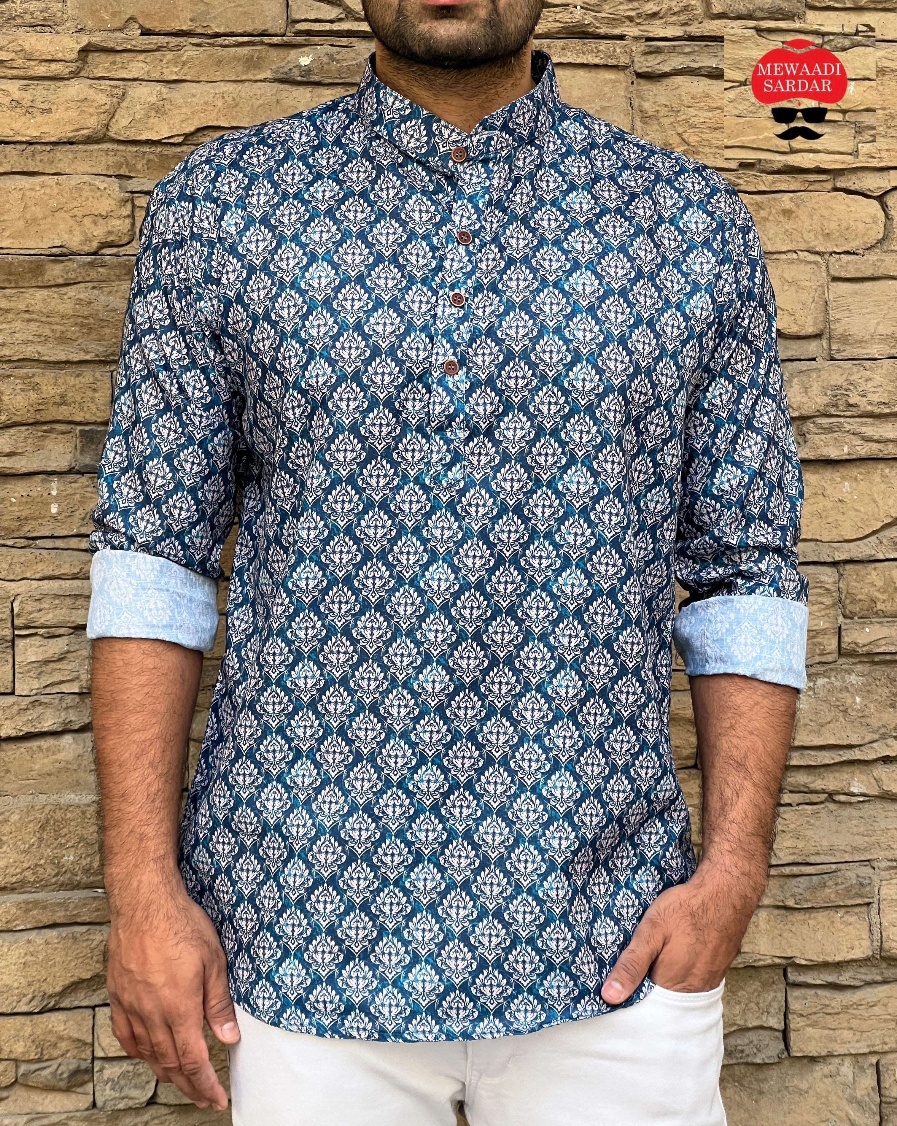 leo by mewaadi sardar hit print collection full sleeves short length kurta fabric cotton cuff on sleeves size m to xxl kurta style shirts for mens  