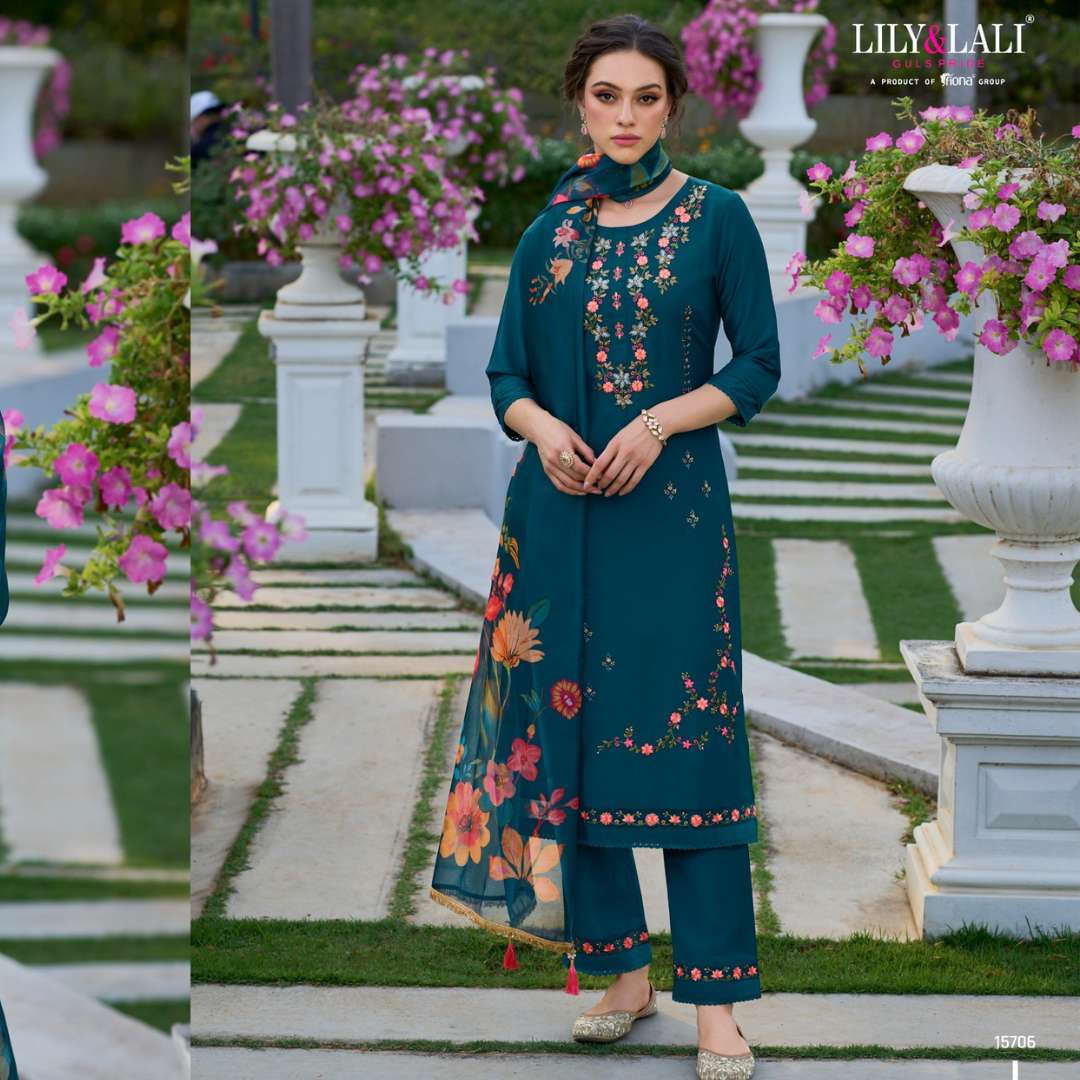 lily n lali catalogue falak series 15701 to 15706 top embroidery and handwork on bember silk organza embroidery lace on daman bottomorganza embroidery lace on bember silk readymade suit collection 