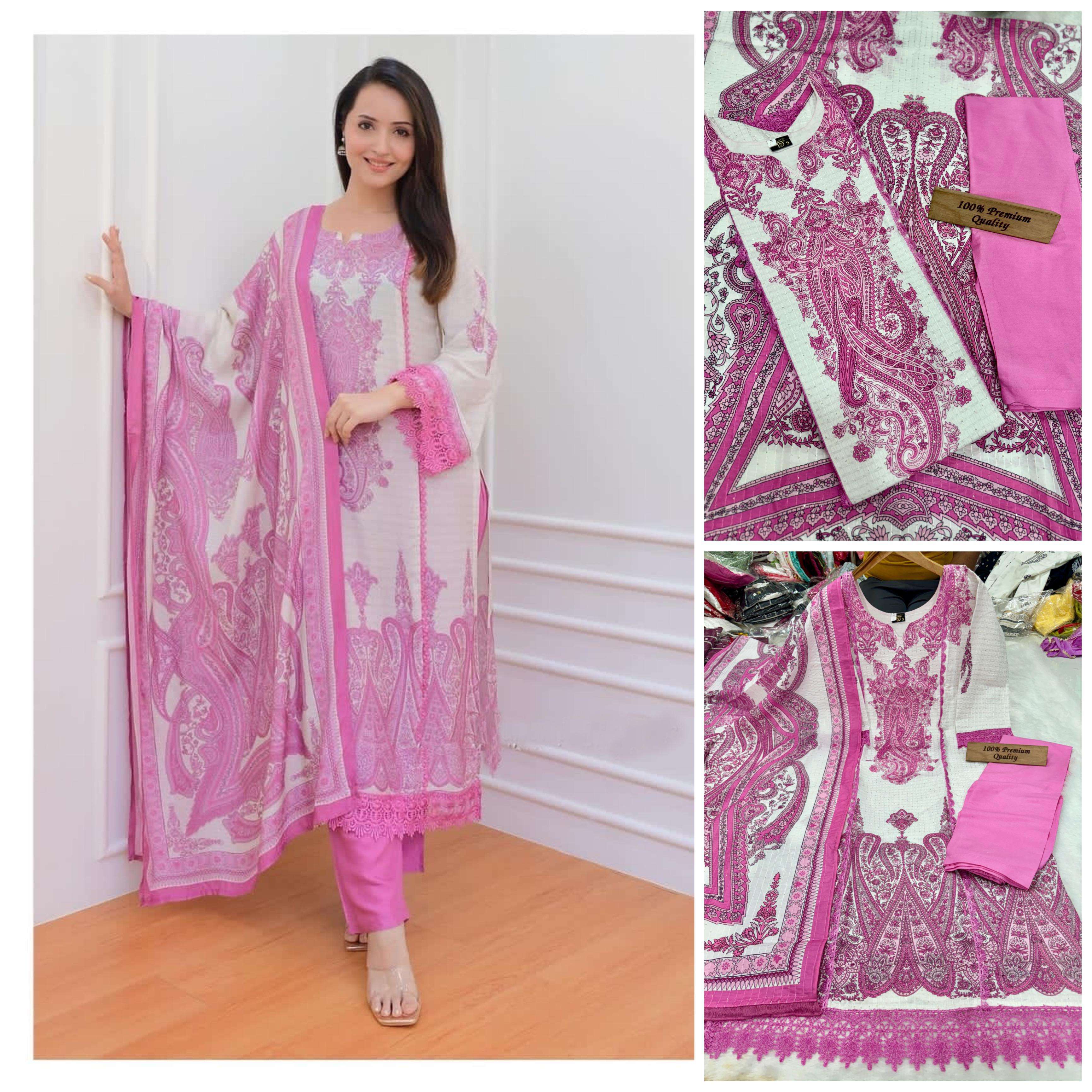 new design hot and latest kurta set maria b white n pink fabric details beautiful printed muslin kurta set with beautiful daman and.sleeves with full sequence work in kurta 