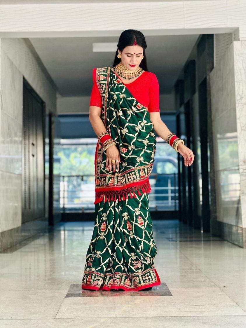 new patola collection catalogue pantar saree fabric vichitra silk blouse fabric silk work embroidery diamond work  piping lace border  latkan colour green maroon designer saree 