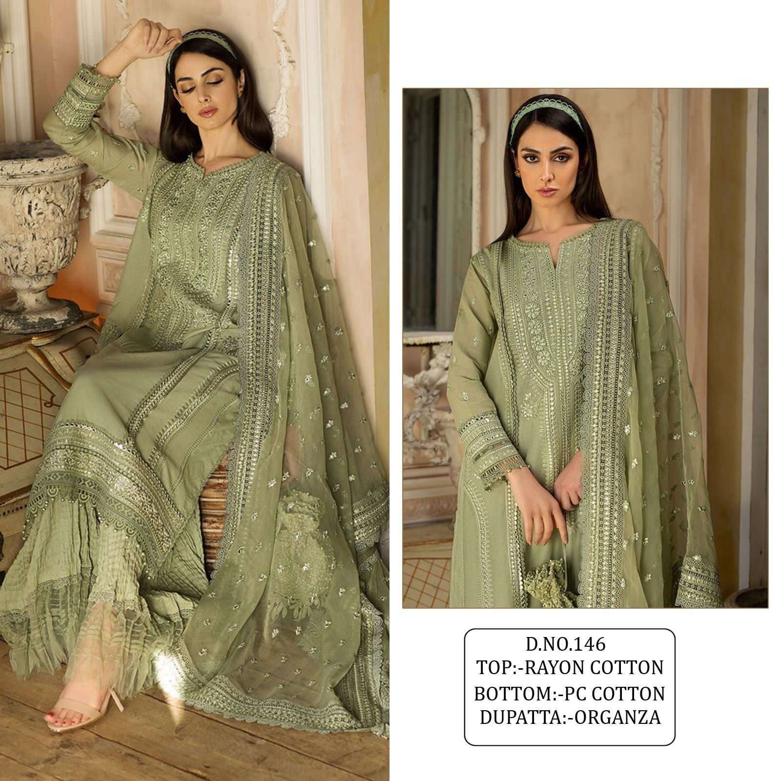pakistani design number kf 146 designer heavy embroidery partywear pakistani suit top rayon cotton with embroidery work sleeave rayon cotton with embroidery work with dupatta  