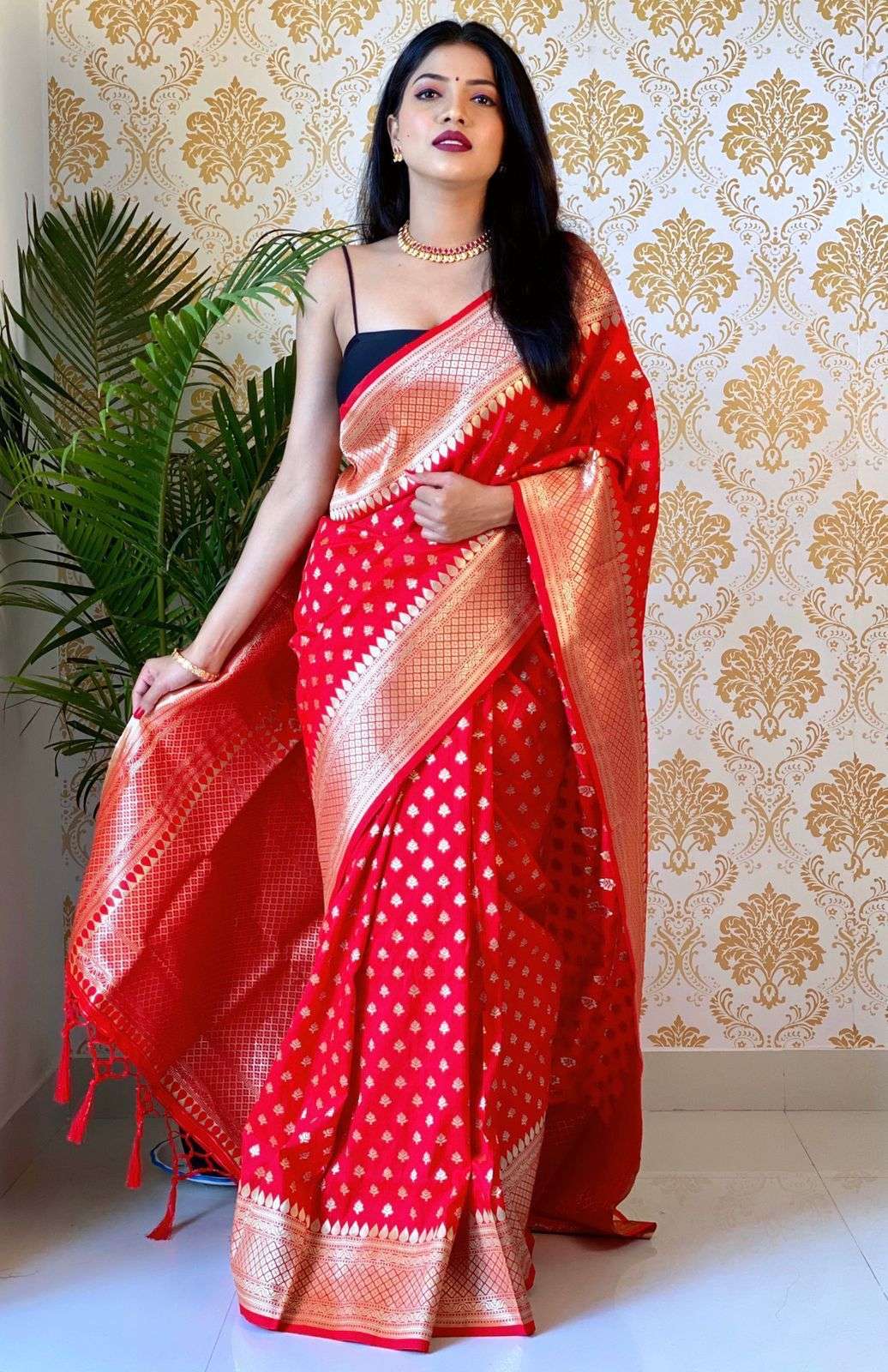   party wear saree series of wardrobe rich prefestval preparation fabric pure zari golden weaving rich blouse rich butti weaving saree designer saree 