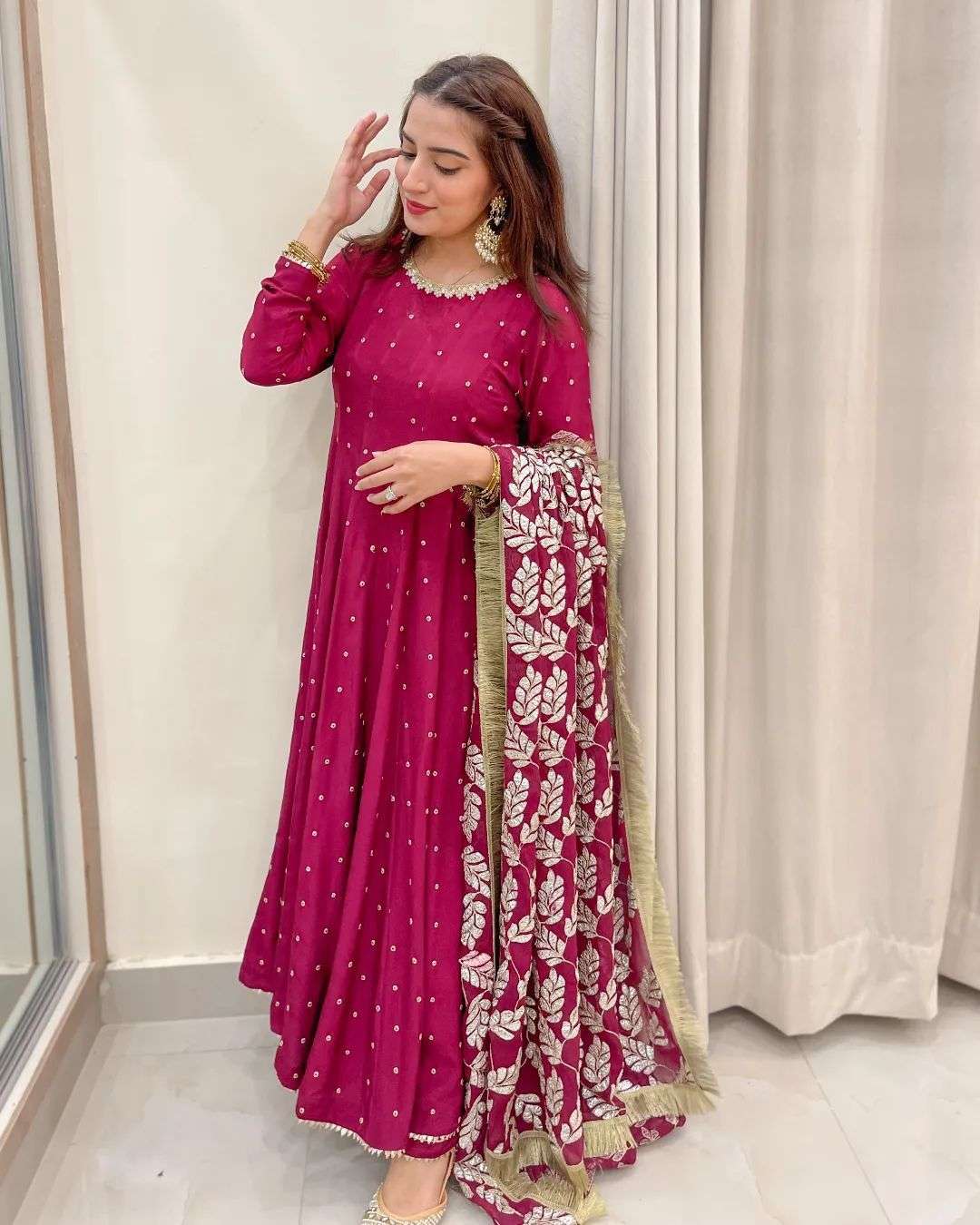 partywear readymade gown in rani pink colour gown fabrics fox georgette work embroidery sequnce inner micro readymade gown 