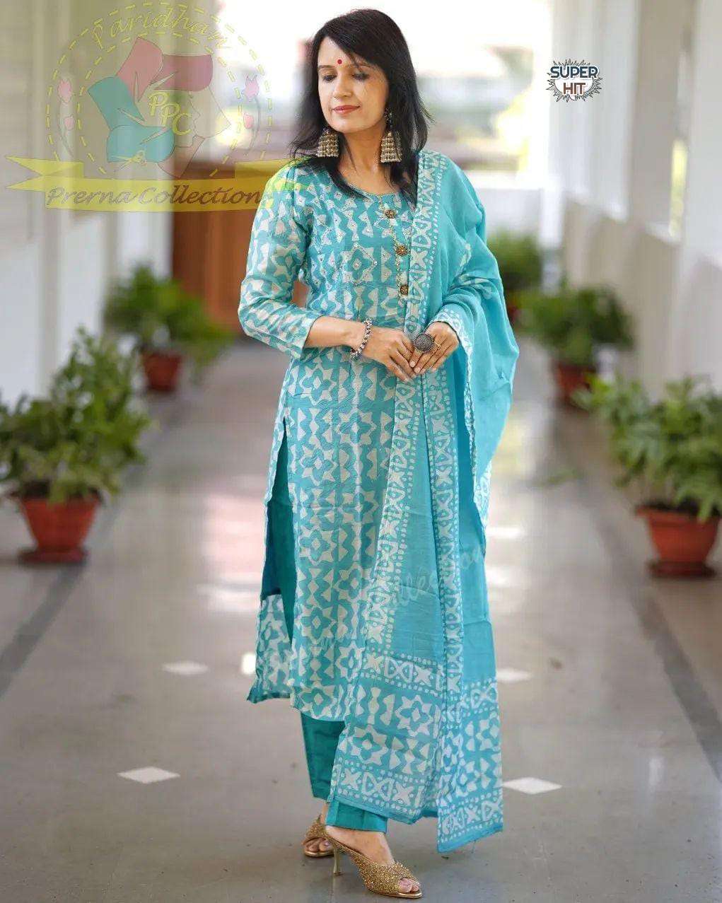 Pure fine reyon fabric with Hand wark  Kurtie with Pant with Cotton Dupatta m to 3xl size readymade cotton dress in skyblue colour reyon cotton readymade dress
