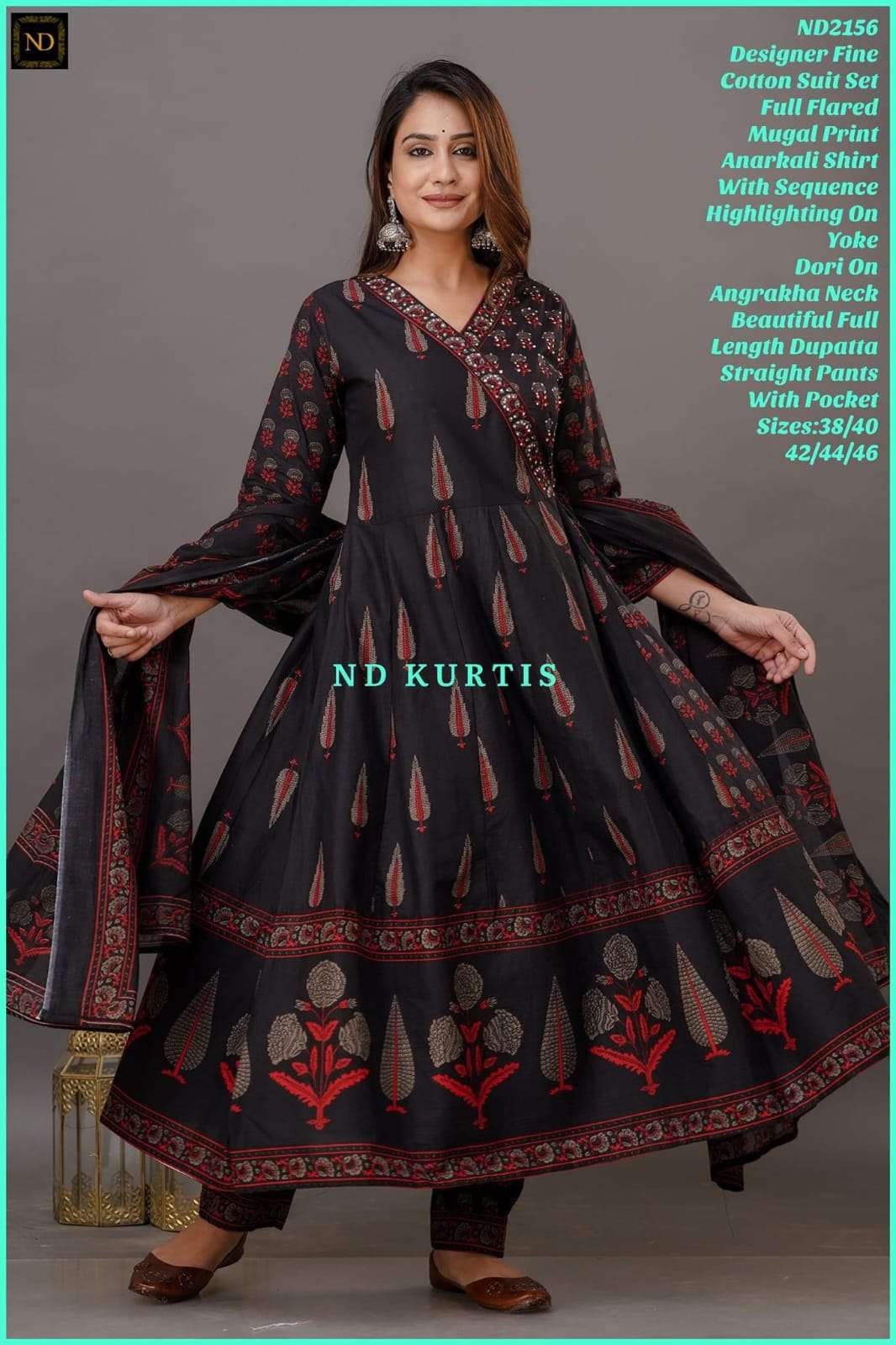 readymade dress designer fine cotton suit set full flaired mugal print anarkali suit with sequence hilighting on your neck beutiful full length duppta black colour cotton readymade suit