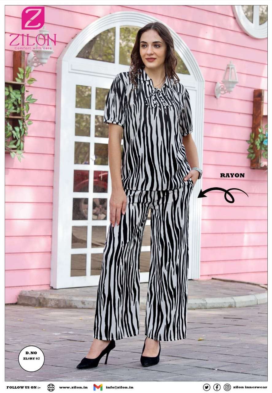 reyon coord collection zebra black patterned printed night dress night suit top and pyjama 2 piece set top bottom colour black n blue cord set 