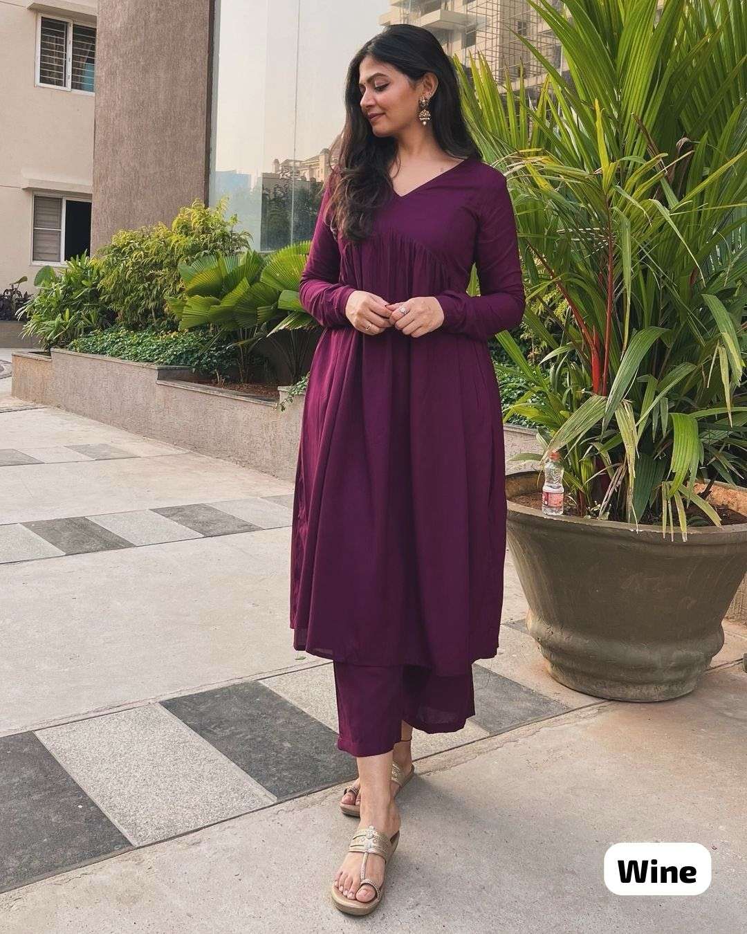 Roohi  Naira Cut Full Flair Dress With Long Churi Sleeves Fabric Heavy Rayon Both Top and Plazzo Plazzo elastic Waist with One side pocket readymade plain suit in m to xxl size 