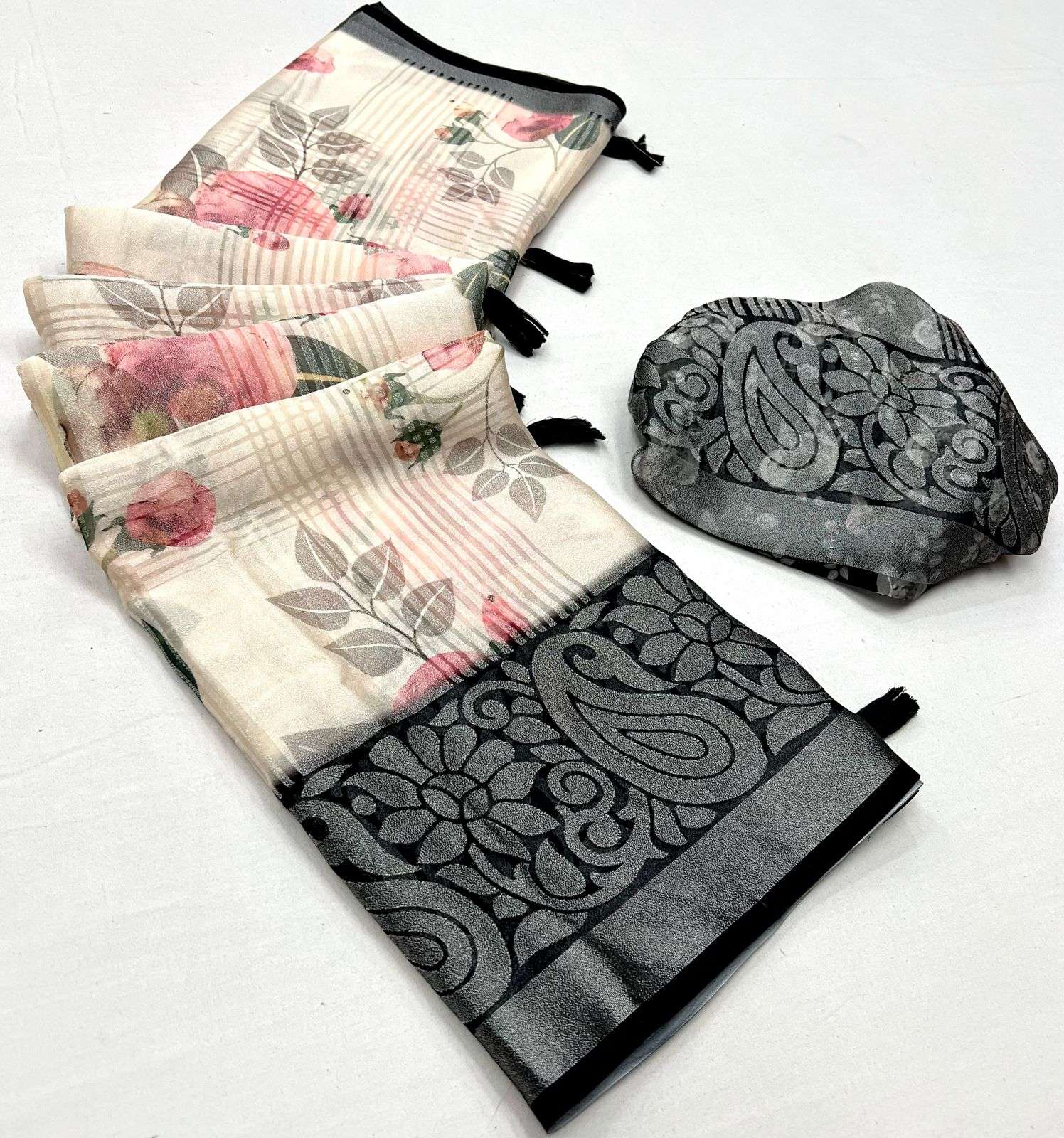 saree catalogue leo das fabric moss soft weaving brasso flower print with contrast matching border and running brasso blouse stylish pure fabric indian saree 