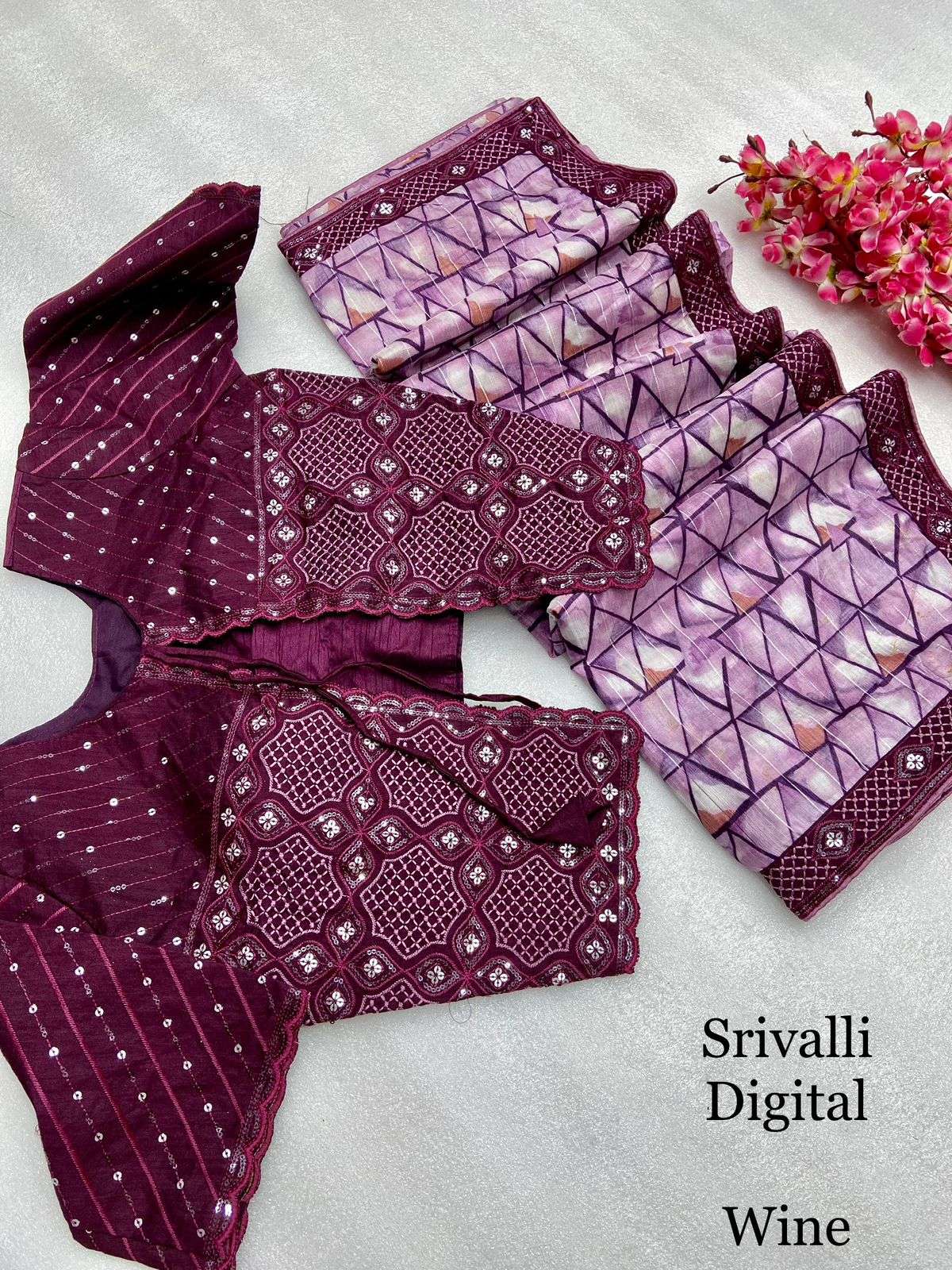 saree catalogue srivalli fabric n details beautiful rich look digital saree called srivalli with whole saree sequins work border with stiched readymade blouse saree partywear saree 