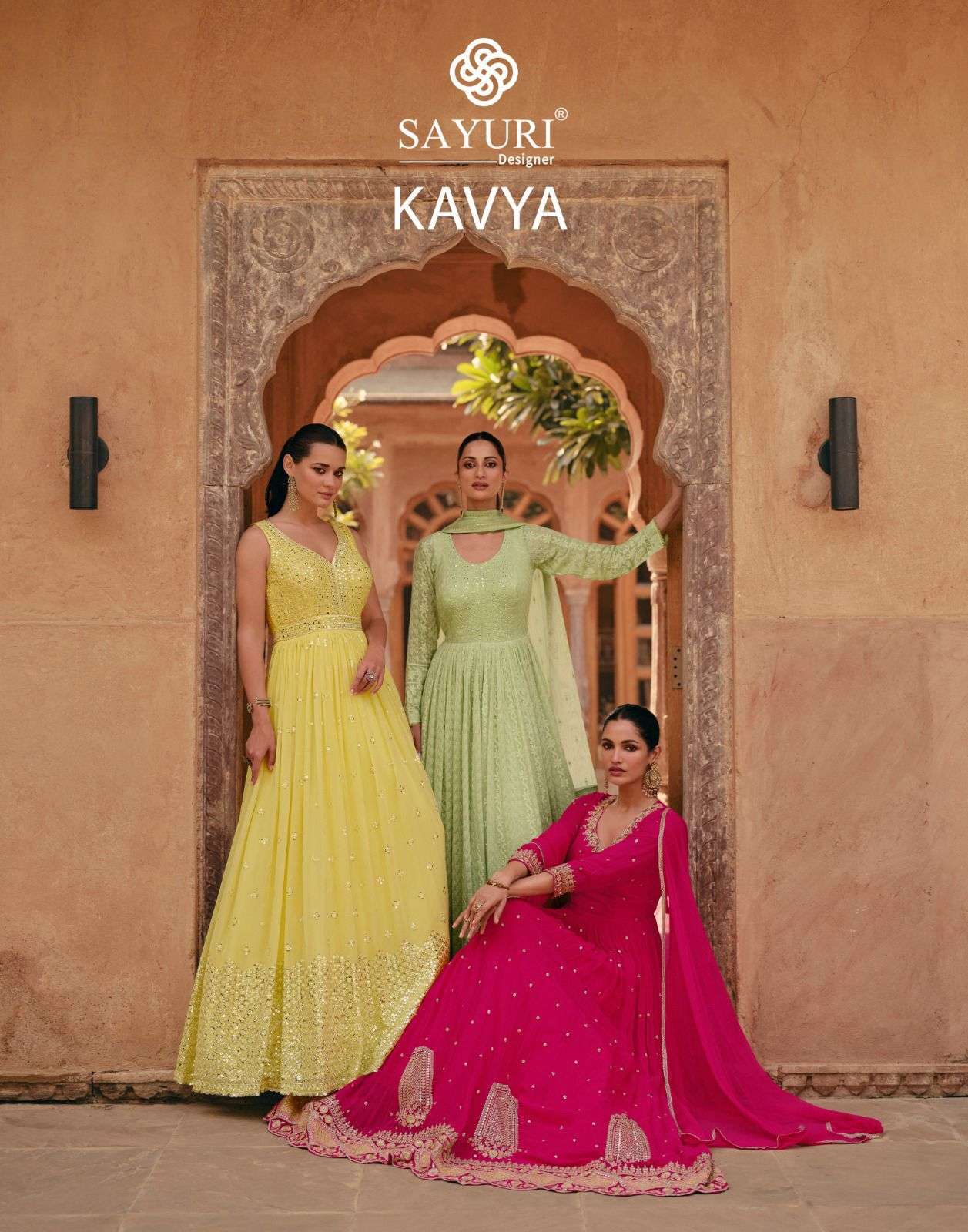 sayuri designer catalogue kavya design number 5425 to 5427 anarkali gown designer partywear anarkali readymade gown collection indowestern dresses 