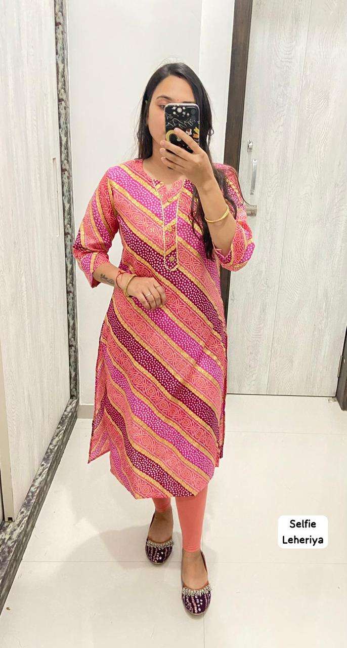 selfie lehariya straight kurti in lehariya print fabric cotton size m to xxl length 41 stylish only kurtie collection  
