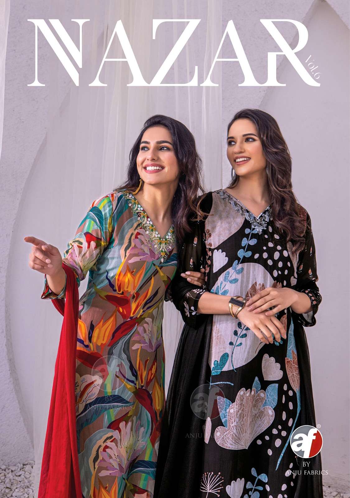 stockout by anjufabric catalogue nazar series 3601 to 3606 readymade dress stylish print with work kurtie with pant and duppta 