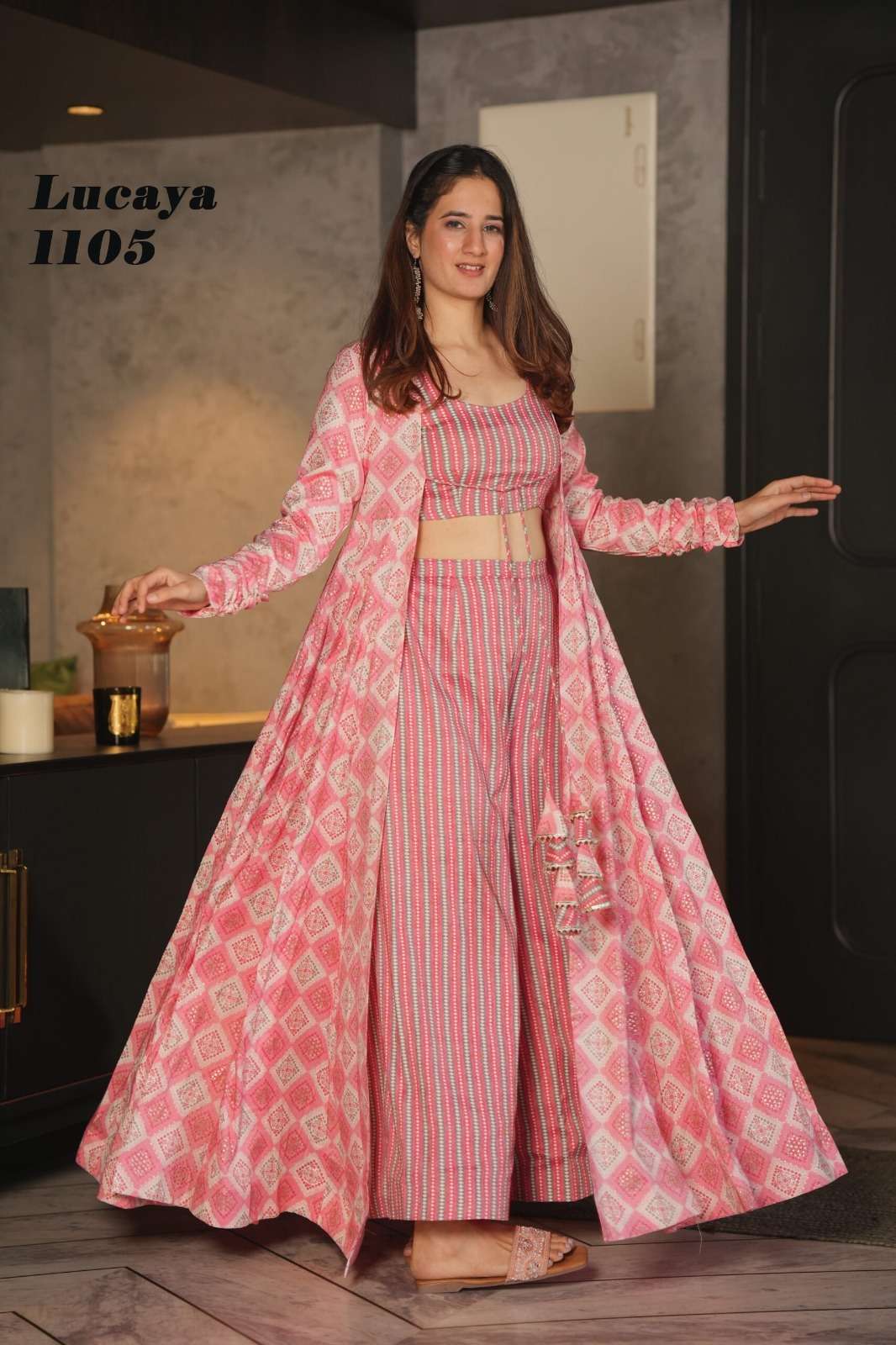 stunning 3 piece koti style indo western suit of printed crop top palazzo and parallels paired with a beautiful printed shrug set collection lucaya vol 11 design number 1105 