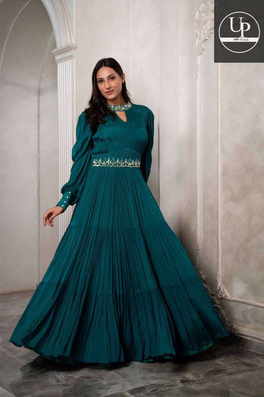 teal green plitting heres a perfect outfit for the reception look elegant n classic with this pleated and handwork gown with beautiful details at waist n neck line 