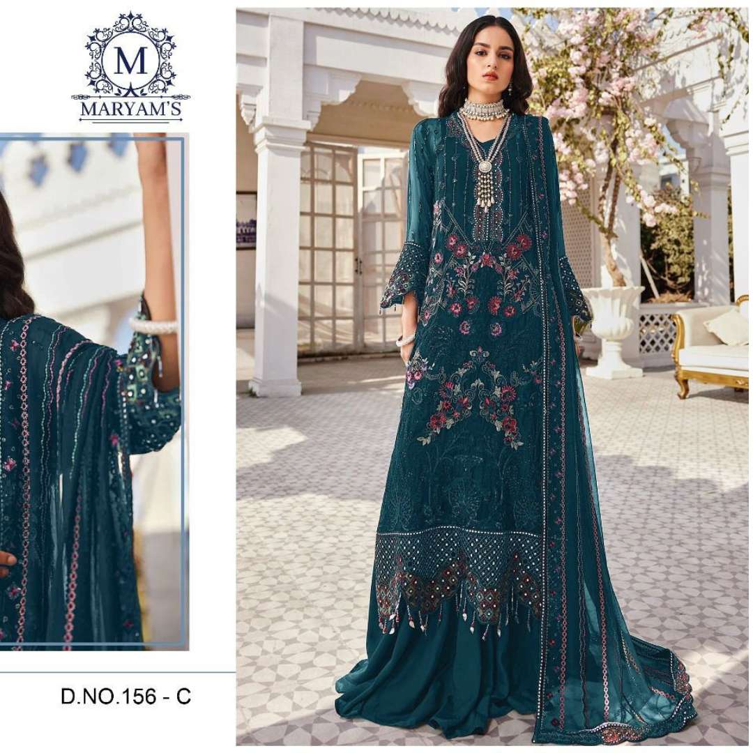 today we are launching exclusively pakistani festive n party wear collection maryams 156 fabric top heavy fox georgette with embroidery sequence work n diamonds work suit 