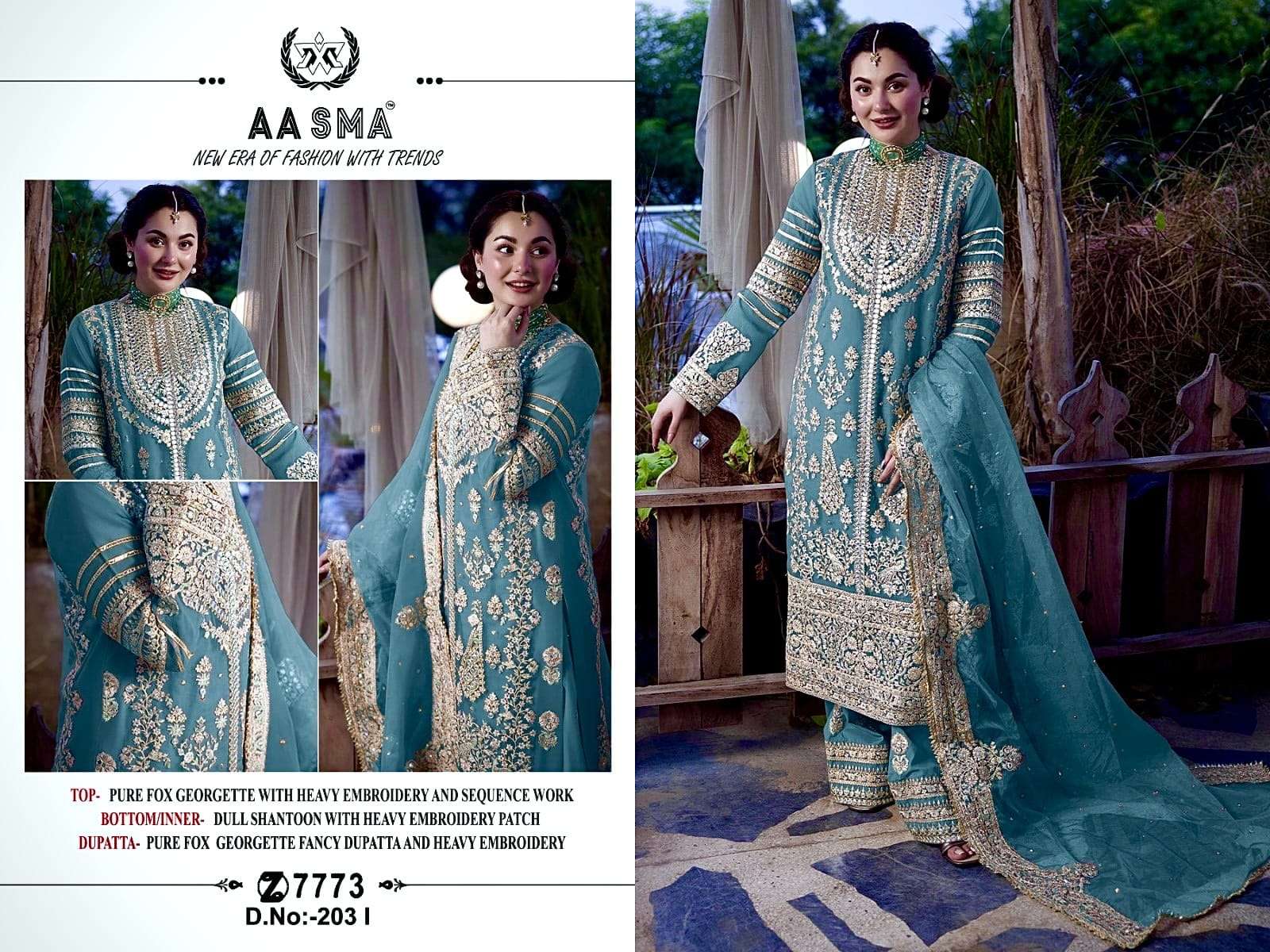 aasma 7773 new launching semi stitched aasma 203 colours details heavy pure fox georgette with heavy embroidered very beautiful design and sequence work high quality material