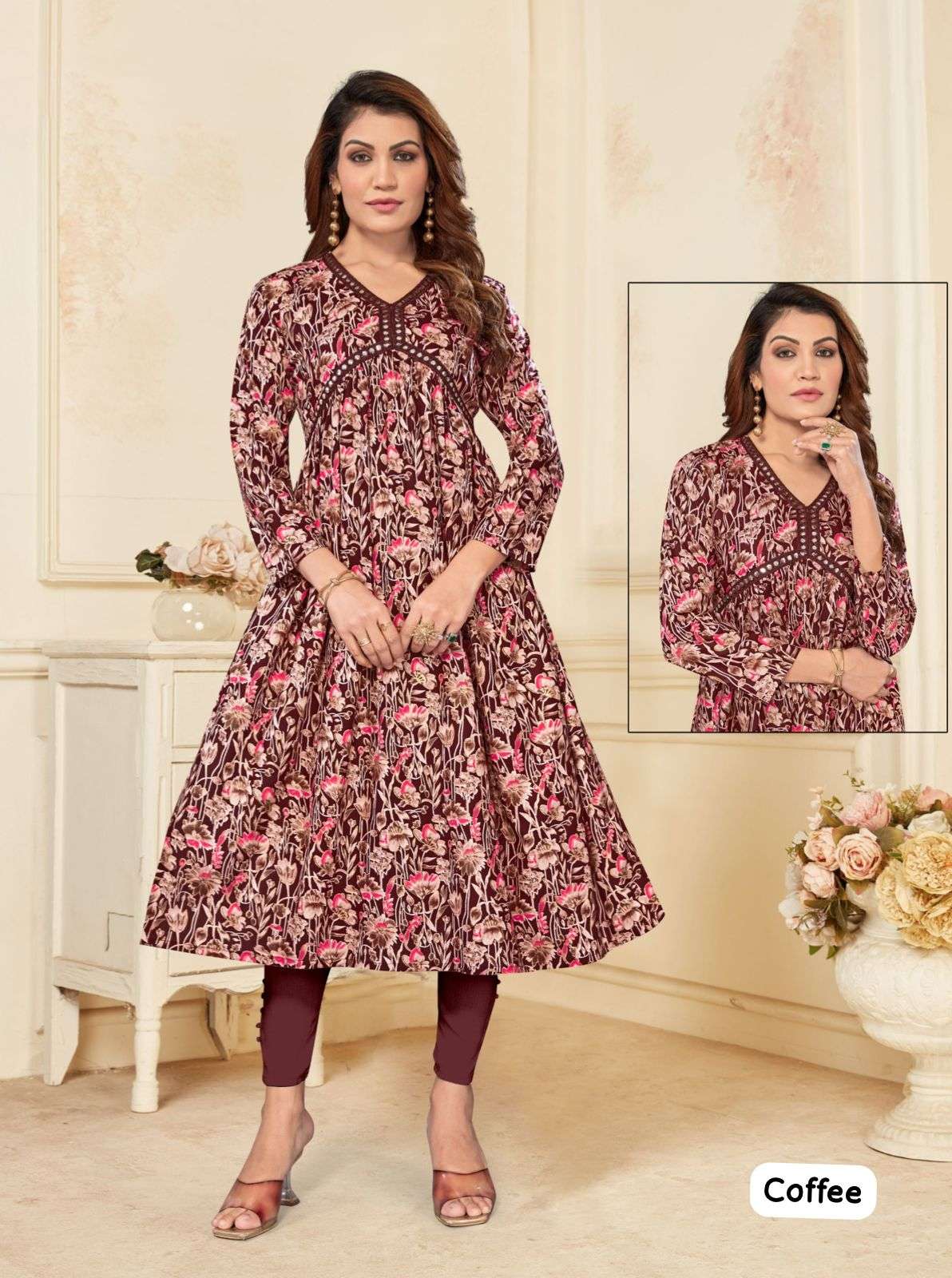 alia 2 naira cut full flair dress with long sleeves in 4 colours fabric 14 kg heavy rayon print with foil work readymade alia naira cut kurties collection 