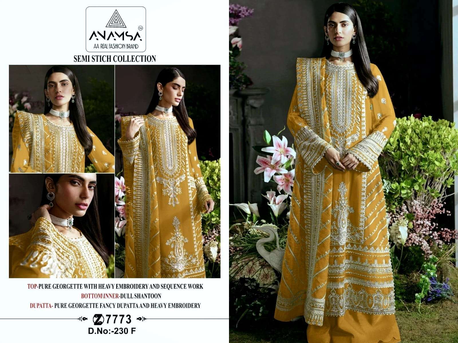 anamsa 7773 new launching semi stitched anamsa 230 e to h anamsa hits beautiful colors heavy pure fox georgette with heavy embroidered very beautiful design and sequence work high quality material