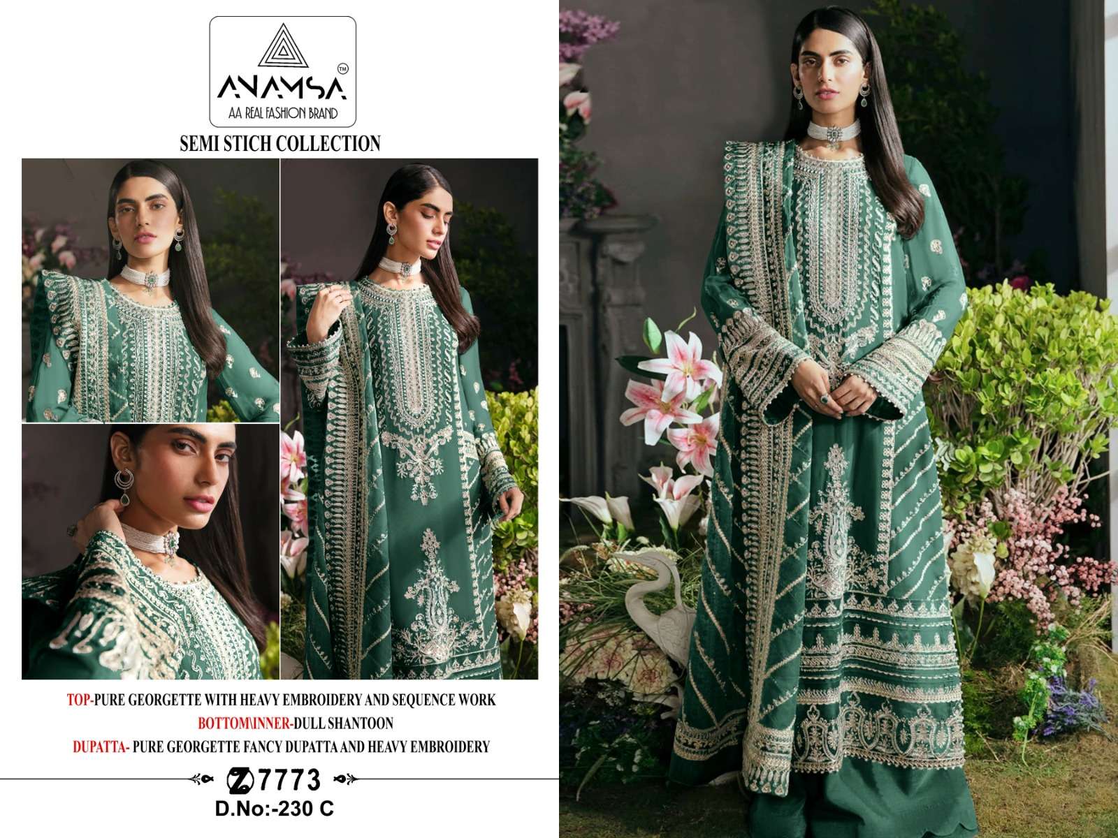 anamsa 7773 new launching semi stitched  anamsa 230 e to h heavy pure fox georgette with heavy embroidered very beautiful design and sequence work high quality material