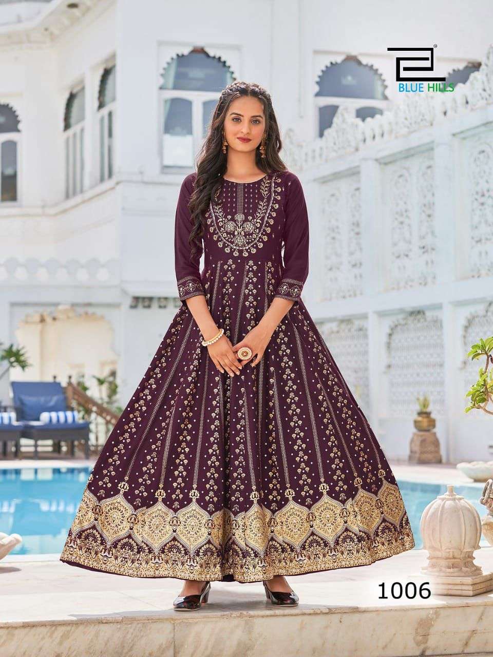 anarkali nx long gown  stitched in anarkali style fabric 14 kg rayon print size l to xxl readymade gown full flair gown 
